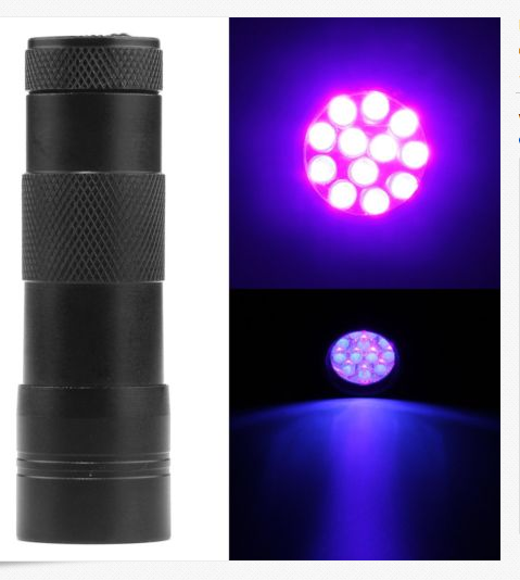 12LED UV      Linterna UV LED, Luz Ultravioleta 395nm, con Modo de Luz Blanca 200lm